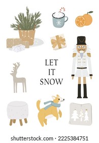 Set of christmas gifts, tangerine, spruce branches, corgi dog, deer, nutcracker vector illustration with word let it snow in cartoon style for postcards, prints, stickers