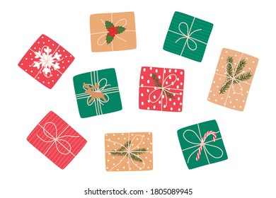 Set of Christmas gifts, top view. Vector illustration.