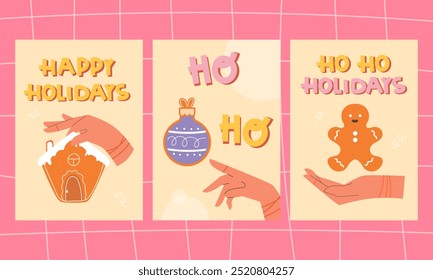 set of Christmas ginger biscuit greeting cards. Trendy minimalist design. Vector template for social networks, poster, holiday card