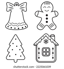 Set of Christmas Ginger cookies, black outline, vector illustration