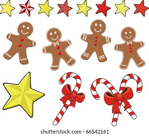 set of christmas ginger cookies with candy canes and stars for xmas decoration, isolated on white background