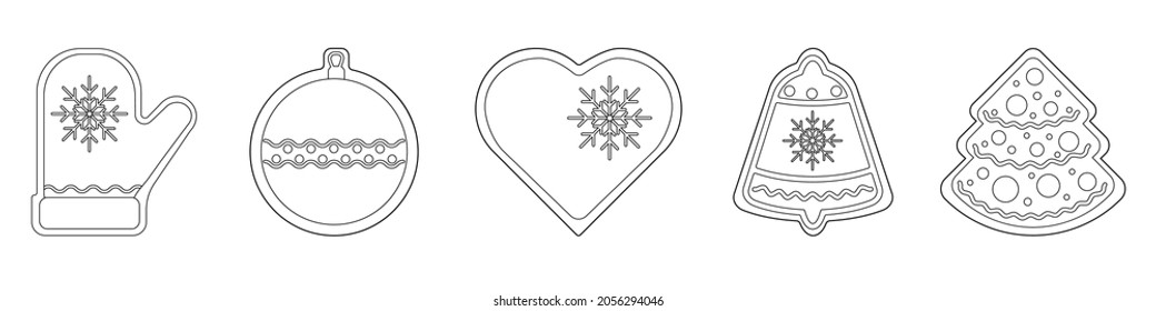 Un conjunto de galletas de jengibre de Navidad. Dibujo lineal para colorear. Gráficos vectoriales.