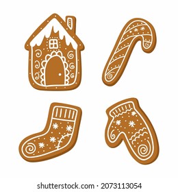 A set of Christmas ginger cookies in various shapes on a white background. Vector illustration