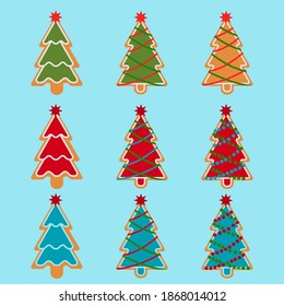 Set of Christmas Ginger Tree on Isolated White Background. Vector Set of Nine Ginderbread christmas Tree with Different Light