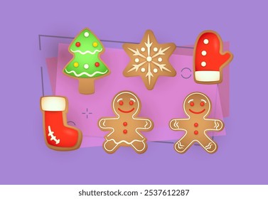 Conjunto de ilustración de dibujos animados de pan de jengibre de Navidades. Guante, bota, árbol de Navidad, copo de nieve. Concepto de Navidad. La Ilustración vectorial se puede utilizar para temas como vacaciones, celebración, comida