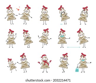 Set of Christmas gingerbread characters with emotions, face, hands and feet. Happy or sad New Year sweets falls in love, keeps distance in a mask, dances in a Santa hat