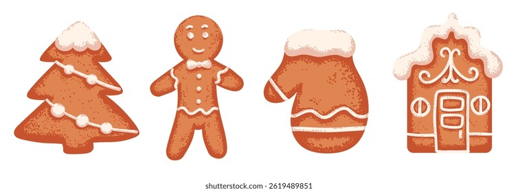 Set of Christmas gingerbread cookie in different shape with icing and grainy texture in flat style