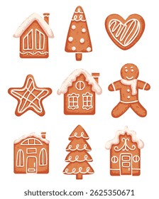 Set of Christmas gingerbread cookie house, man and star. Vector flat illustration with grainy texture