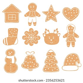 Set with Christmas gingerbread cookie in simple hand drawn style