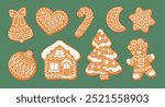 Set of Christmas Gingerbread cookies. Cute winter homemade sweets in festive shapes isolated on green background. Vector illustration in flat cartoon style.