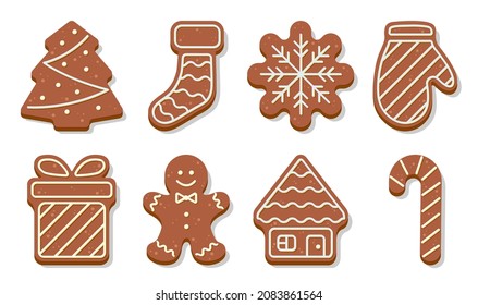 Set of christmas gingerbread cookies. Cute ginger bread  man, tree, sock, snowflake, mittens, gift box, house and candy cane. Vector illustration in flat cartoon style.