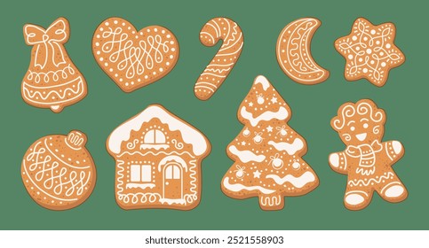 Set of Christmas Gingerbread cookies. Cute winter homemade sweets in festive shapes isolated on green background. Vector illustration in flat cartoon style.