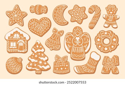 Set of Christmas Gingerbread cookies. Cute winter homemade sweets in festive shapes isolated on ivory background. Vector illustration in flat cartoon style.