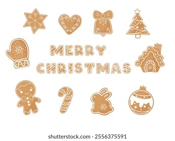 Set of Christmas Gingerbread cookies. Cute winter homemade sweets in festive shapes isolated on white background for card, postcard, cover. EPS 10