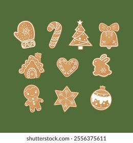 Set of Christmas Gingerbread cookies. Cute winter homemade sweets in festive shapes isolated on green background. EPS 10