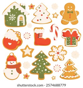 Set of Christmas Gingerbread cookies. Cute vector illustration of holiday icons - ginger bread house, Christmas tree, snowman, snowflake, gifts, candy, stars etc.