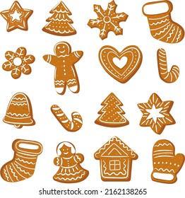 a set of Christmas gingerbread cookies decorated with icing sugar. vector illustration in cartoon style