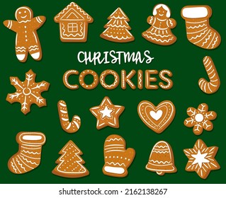 a set of Christmas gingerbread cookies decorated with icing sugar. vector illustration in cartoon style