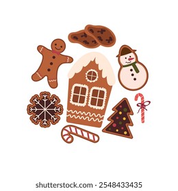 Set of Christmas gingerbread cookies of different shapes. Vector illustration of Christmas baking arranged in a circle.