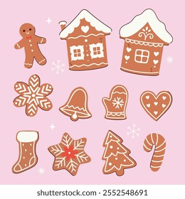 Set of Christmas gingerbread cookies of different shapes. Vector graphics.