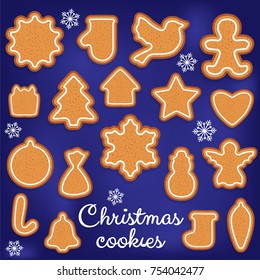 Set of Christmas gingerbread cookies of different shapes.