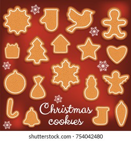 Set of Christmas gingerbread cookies of different shapes.