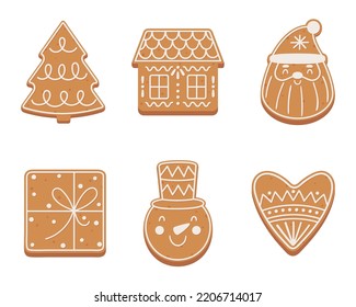 Set of Christmas gingerbread cookies in flat cartoon style.