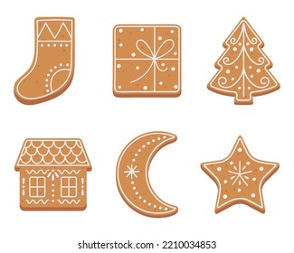 Set of Christmas gingerbread cookies in flat cartoon style.