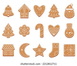 Set of Christmas gingerbread cookies in flat cartoon style.