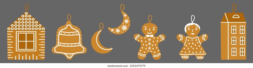 Set of Christmas gingerbread cookies in flat cartoon style.