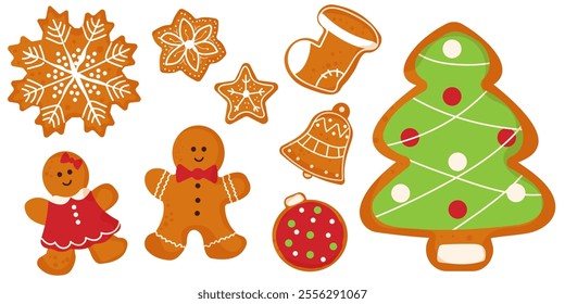 Set of Christmas gingerbread cookies  , hand-drawn vector illustration