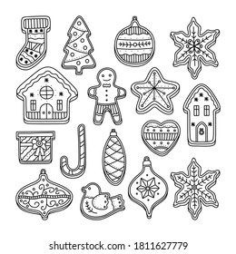 Set of Christmas gingerbread cookies, house, tree, pine cone, heart, socks, man with glaze for decoration. Biscuit for happy Xmas. Vector illustration in doodle style, isolated on white background.