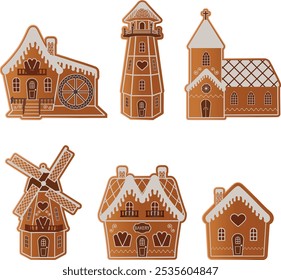 set of christmas gingerbread cookies. gingerbread house, church, bakery, lighthouse, windmill and watermill