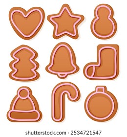 Set of Christmas gingerbread cookies with icing in different shapes