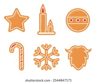 Set of Christmas Gingerbread Cookies with Icing. Christmas vector elements for illustration, cards, banners and holiday backgrounds. Homemade bakery. Cute winter homemade cookies. Festive decorations