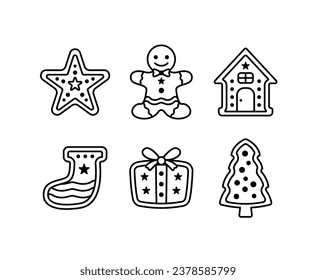 set of christmas gingerbread cookies icons vector black white line simple modern design collections