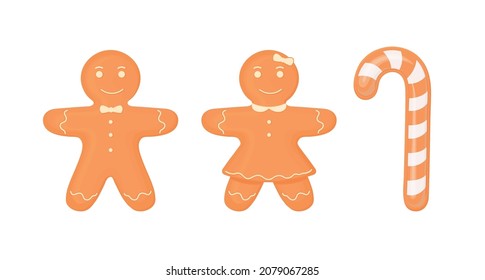   Set of Christmas gingerbread cookies. Gingerbread man. Traditional Christmas pastries. Vector illustration. 