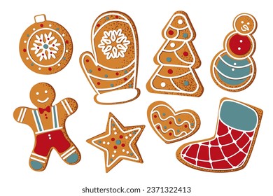 Set of Christmas gingerbread cookies. Gingerbread man, star, snowman, mitten, gingerbread tree. New Year's design elements.