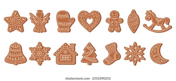 Set of Christmas gingerbread cookies. Gingerbread man star sock tree house moon toys angel. Illustration for Christmas and New Year. Holiday design