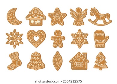 Set of Christmas gingerbread cookies. Gingerbread man star sock tree house moon toys angel. Illustration for Christmas and New Year. Holiday design