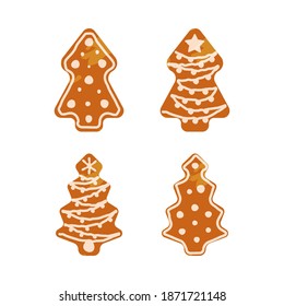 Set of Christmas Gingerbread Cookies. Modern Flat Vector Illustrations. Gingerbread Christmas Tree with Decoration.