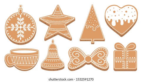 A set of Christmas gingerbread cookies in the shape of a heart, star, Christmas bell, gift, bow, Christmas tree, with a white pattern