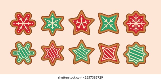 set Christmas gingerbread cookies shaped like snow and stars, new year decoration suitable for posters and web icons