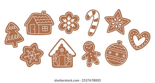 Set of Christmas gingerbread cookies in various shapes