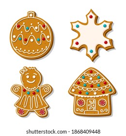 A set of Christmas gingerbread cookies. Vector illustration of homemade baking. Snowflake, Christmas tree toy Gingerbread man and house in sugar glaze isolated on white background. Cartoon style