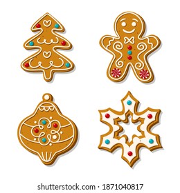 Set of Christmas gingerbread cookies. Vector illustration of homemade baking. Snowflake, Gingerbread man, Christmas tree and toy in sugar glaze isolated on white background. Cartoon style.