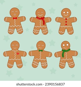 set of Christmas gingerbread cookies. Winter homemade Christmas sweets in the shape of a gingerbread man, vector illustration