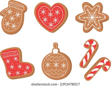 A set of Christmas gingerbread cookies. Winter holiday sweets in the form of a glove, a heart, a star, a shoe, a Christmas ball and cookies in the form of a lollipop. Cartoon vector illustration