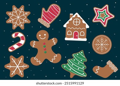 Set von Weihnachts-Lebkuchenkeksen. Winter hausgemachte Süßigkeiten in Form von Haus, Lebkuchen Mann, Stern, Schneeflocke, Weihnachtsbaum, Socke, Handschuhe und Süßigkeiten. Vektorgrafik