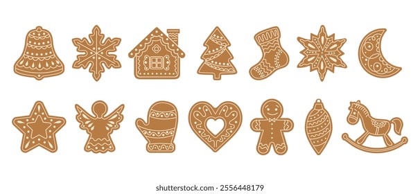 Set of Christmas gingerbread cookies. Winter sweet homemade biscuits in the form of different characters and holiday items Illustration for Christmas and New Year.